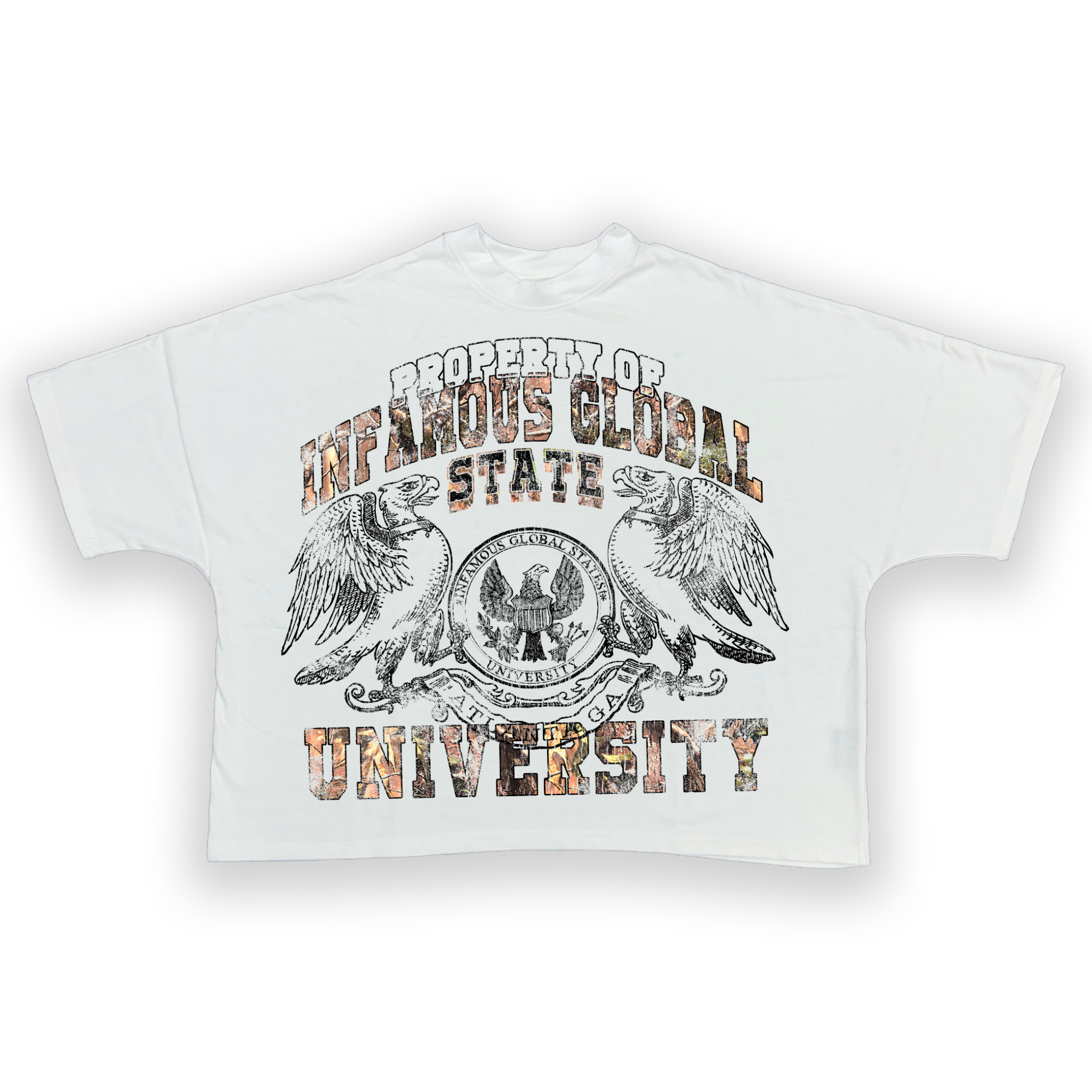 (White) Camo University tees